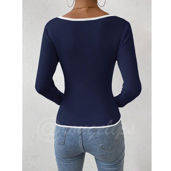 Navy Blue Rib Knit Sweetheart Neck Contrast White Trim - Picture 4 of 9